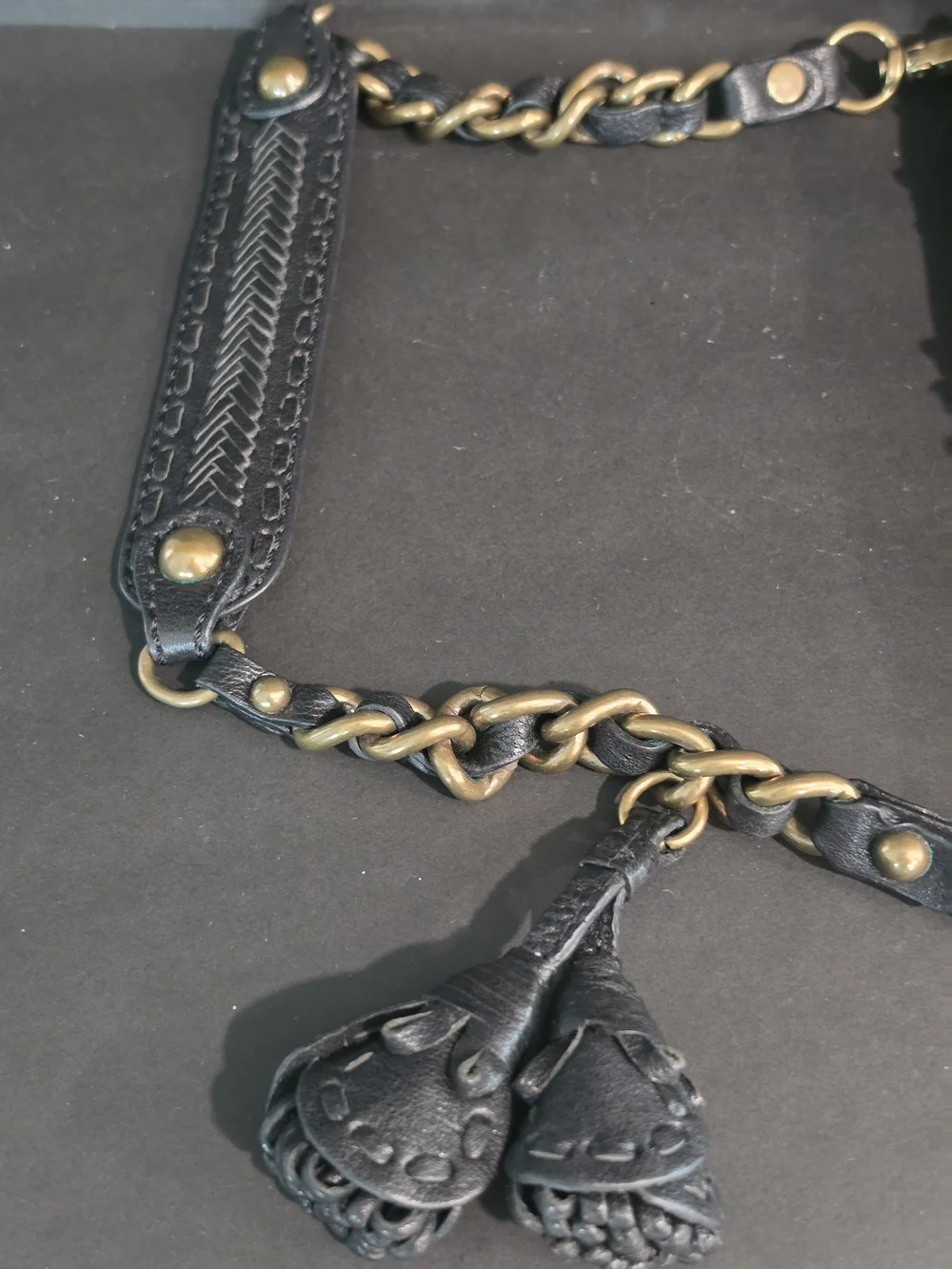 Black Embossed Leather Wristlet Clutch with Chain Strap